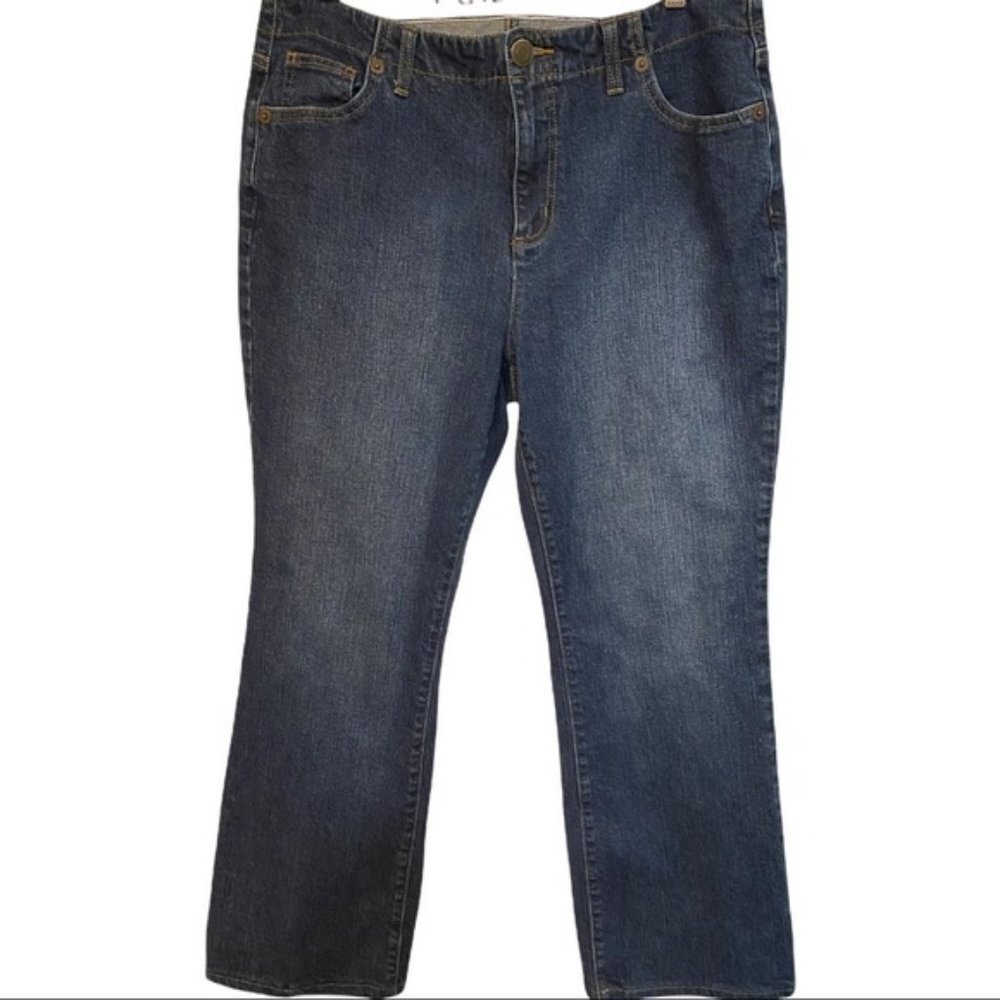 Women Lands’ end Sz 14 high rise jeans medium dark wash boot cut classic